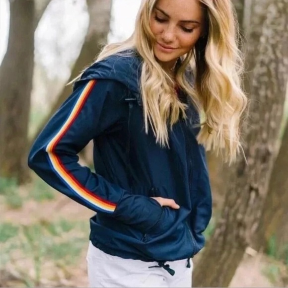 ZYIA Active Navy Blue Rainbow Stripe Hooded Windbreaker Jacket Size Small - Picture 1 of 12